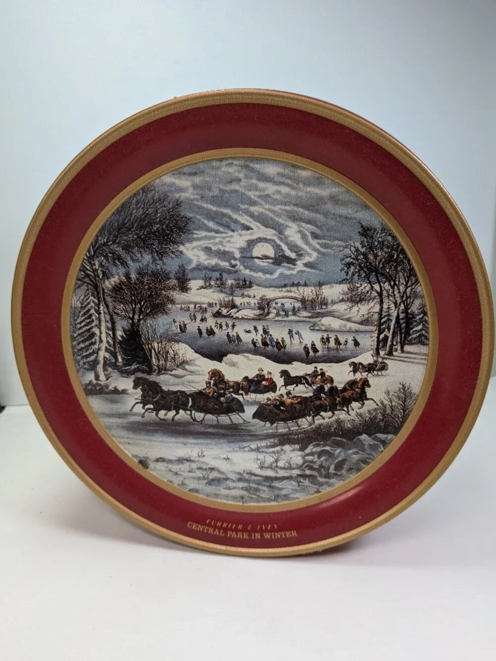 Vintage Currier Ives Central Park in Winter Holiday Cookie Tin Lid Plaque 10x3.7